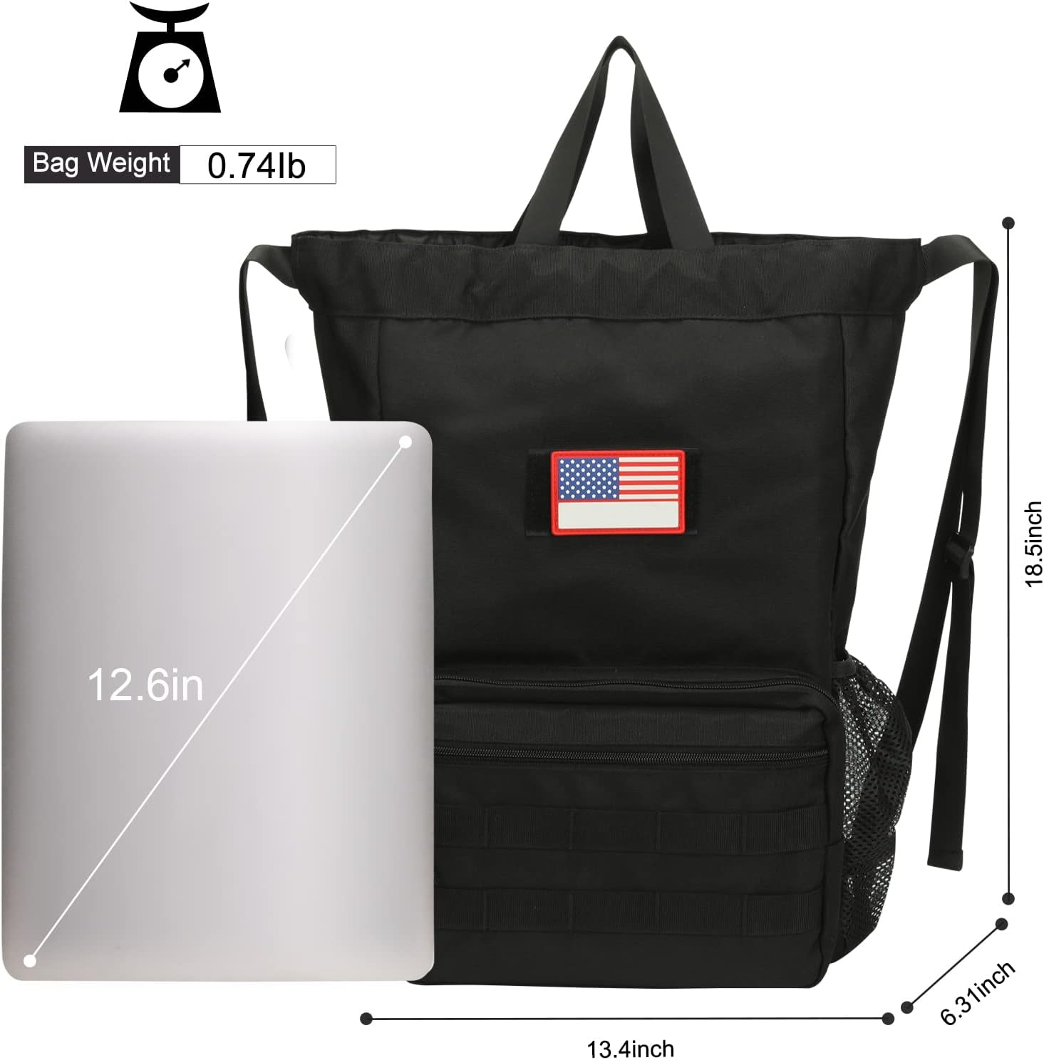 ATRIPACK Tactical Drawstring Backpack， Water-Resistant Swim Bag String Bag Sandproof Beach Backbag American Flag Cinch Sack Bookbag for Men Women Boys Girls Basketball，Swim， Gym， Sports (Black) - Image 7